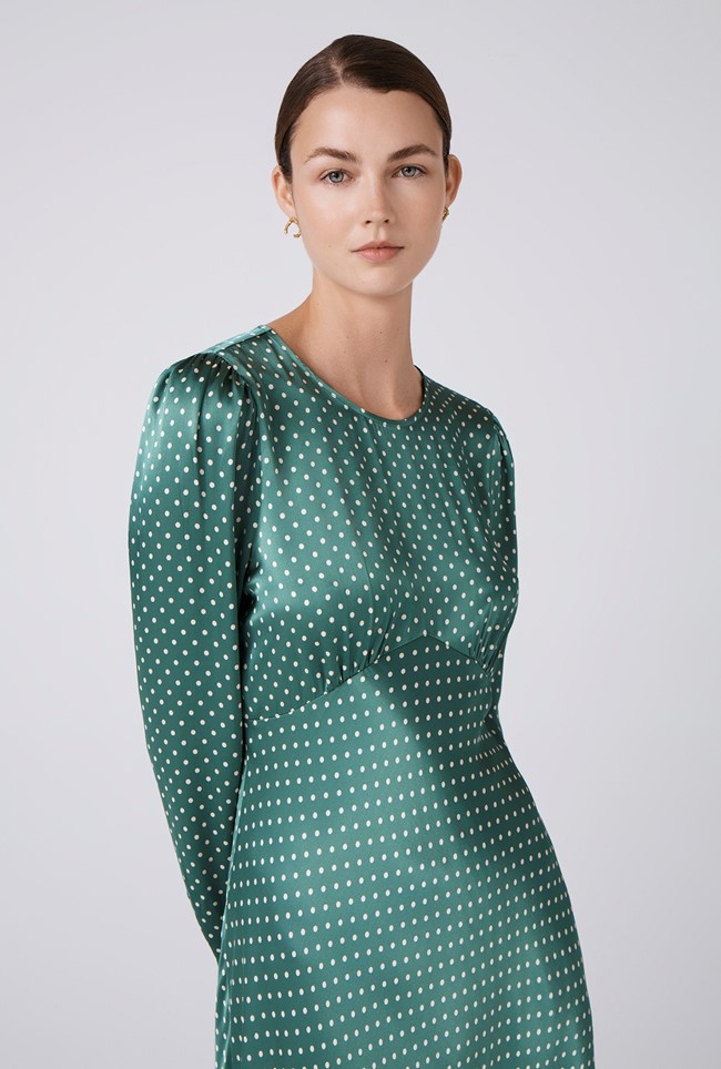 Kiara Polka Dot Satin Round Neck Dress