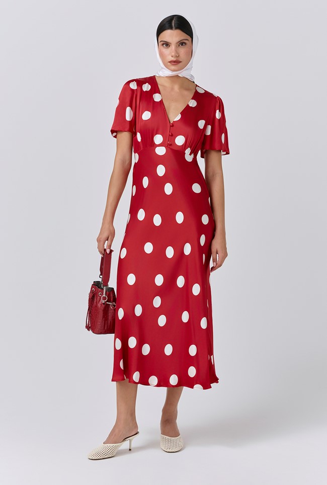 Elizabeth Polka Dot Satin Midi Tea Dress