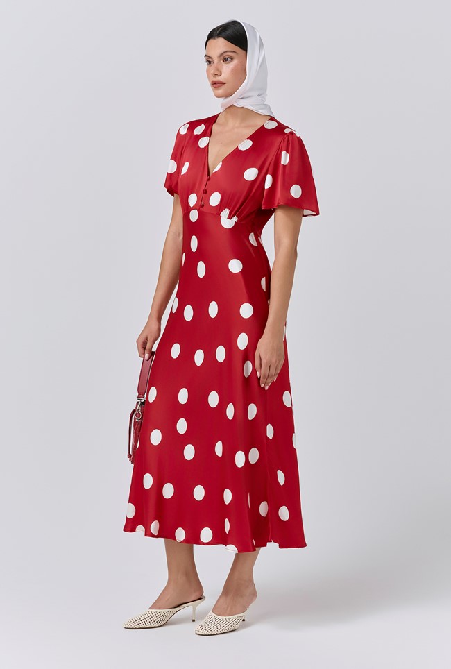 Elizabeth Polka Dot Satin Midi Tea Dress