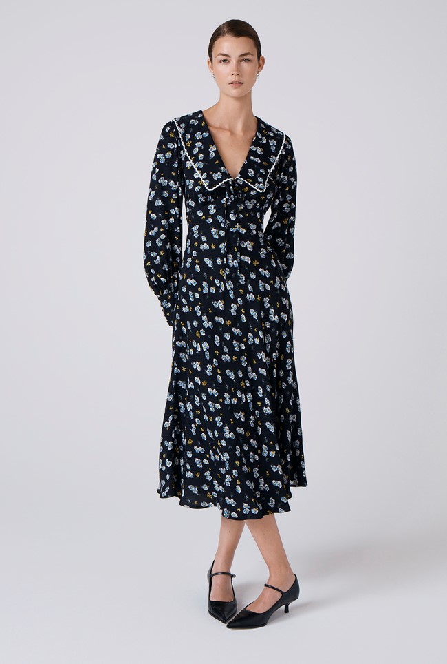 Ashley Floral Crepe Doll Neck Midi Dress