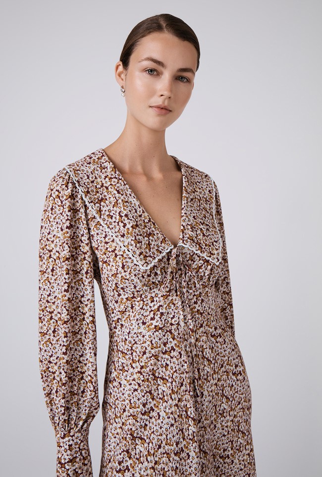Ashley Floral Crepe Doll Neck Midi Dress