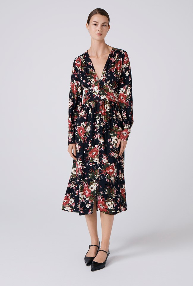 Jade Floral Crepe V Neck Midi Dress