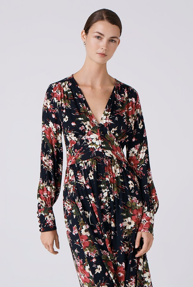 Jade Floral Crepe V Neck Midi Dress