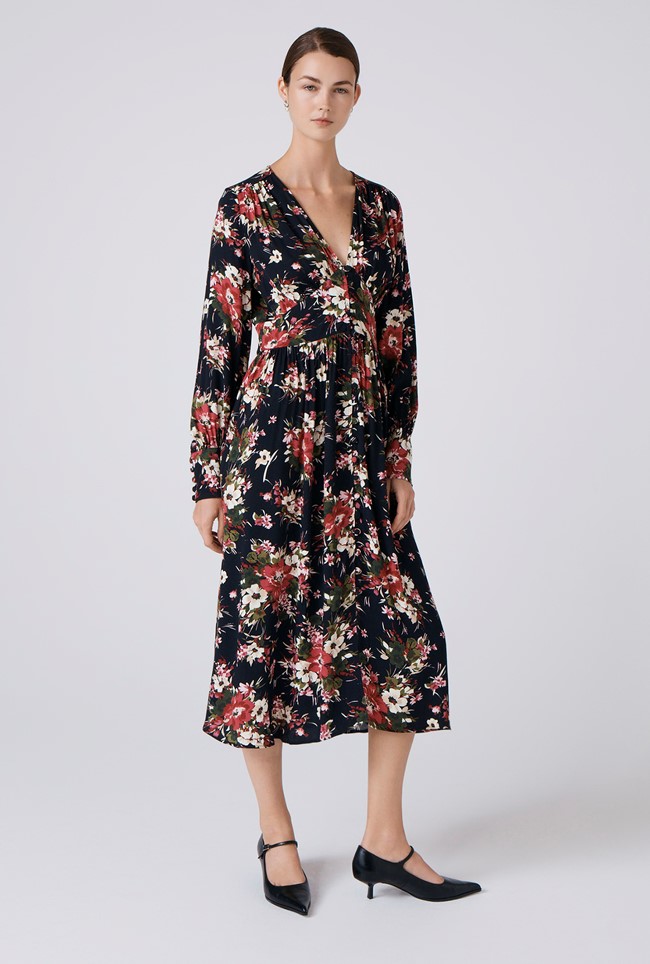 Jade Floral Crepe V Neck Midi Dress