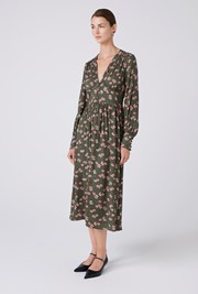 Jade Floral Crepe V Neck Midi Dress