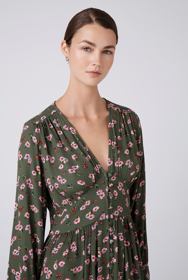 Jade Floral Crepe V Neck Midi Dress
