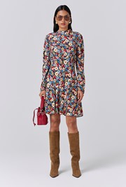 Natalia Floral Crepe Crew Neck Short Dress