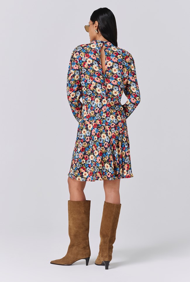 Natalia Floral Crepe Crew Neck Short Dress