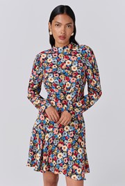 Natalia Floral Crepe Crew Neck Short Dress