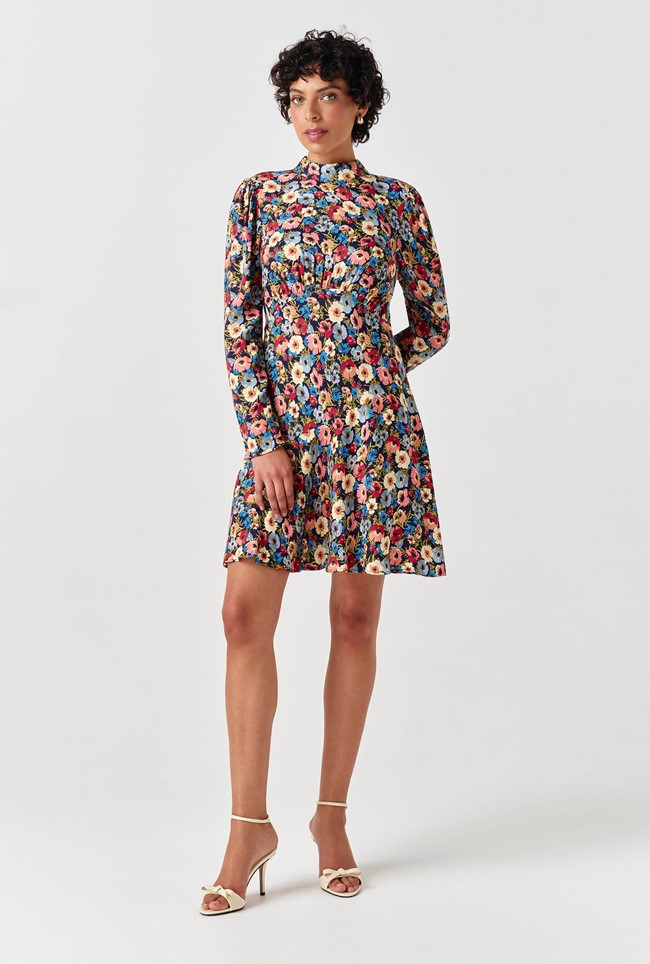 Natalia Floral Crepe Crew Neck Short Dress