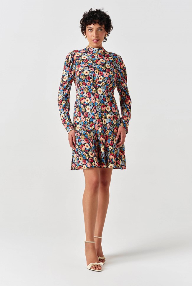 Natalia Floral Crepe Crew Neck Short Dress