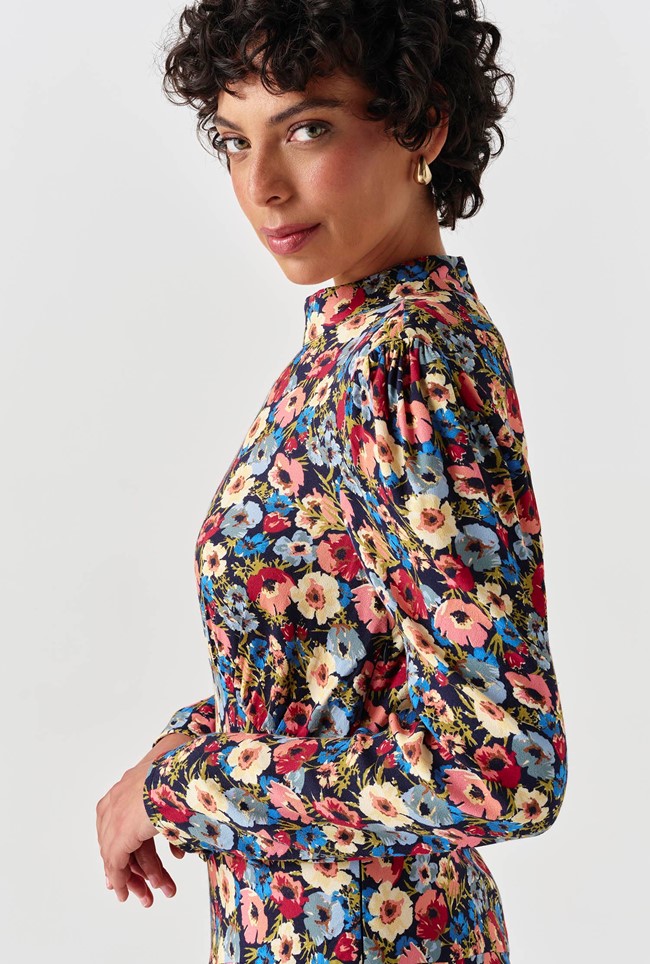 Natalia Floral Crepe Crew Neck Short Dress