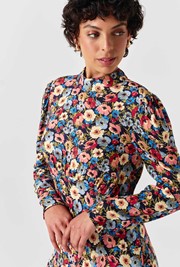 Natalia Floral Crepe Crew Neck Short Dress