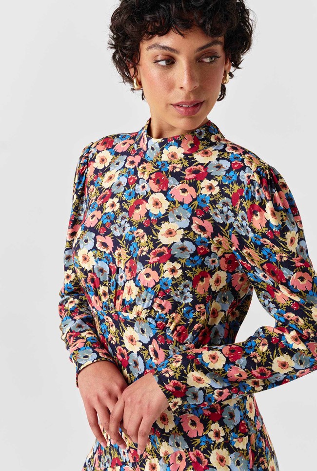 Natalia Floral Crepe Crew Neck Short Dress