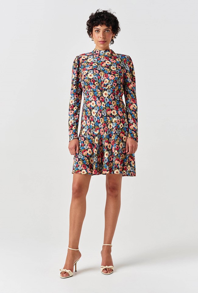 Natalia Floral Crepe Crew Neck Short Dress