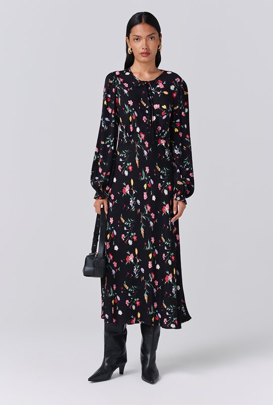 Stella Floral Crepe Round Neck Midi Dress