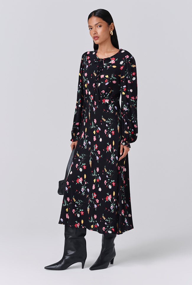 Stella Floral Crepe Round Neck Midi Dress