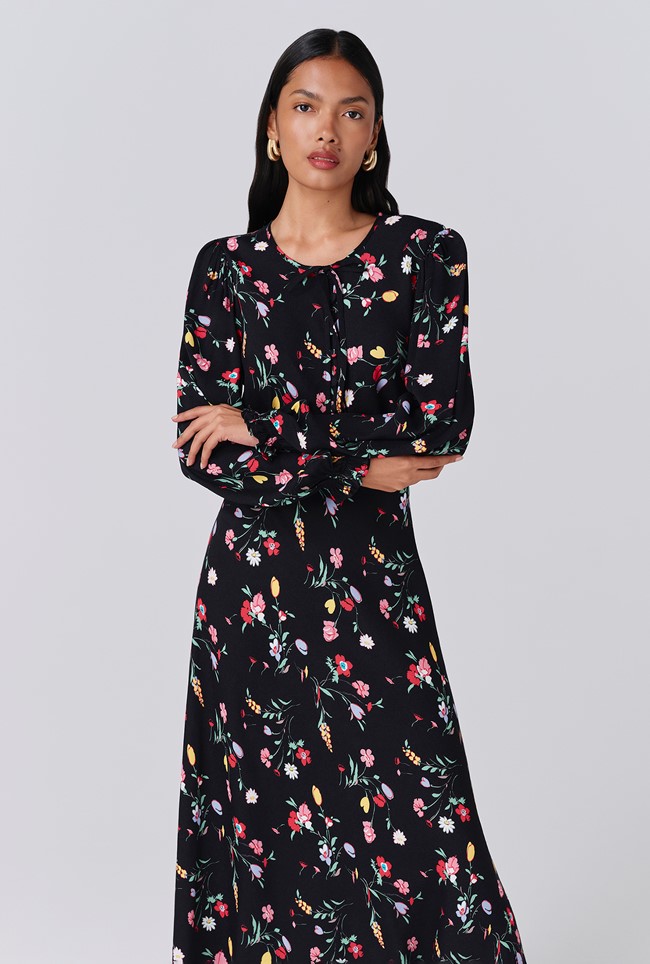 Stella Floral Crepe Round Neck Midi Dress