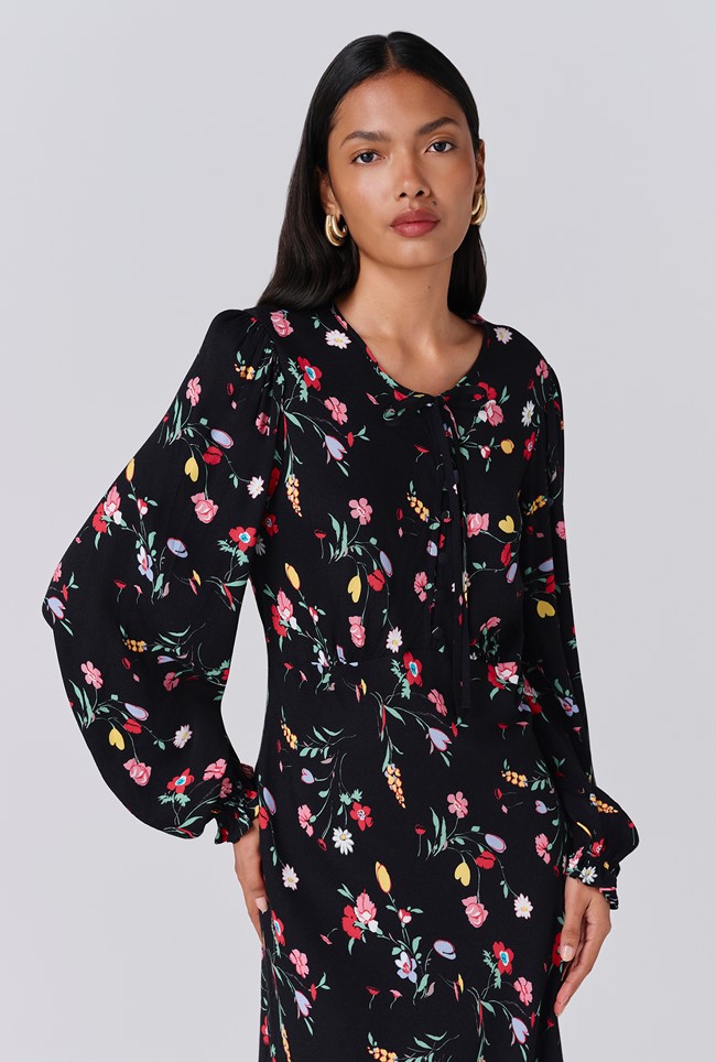 Stella Floral Crepe Round Neck Midi Dress