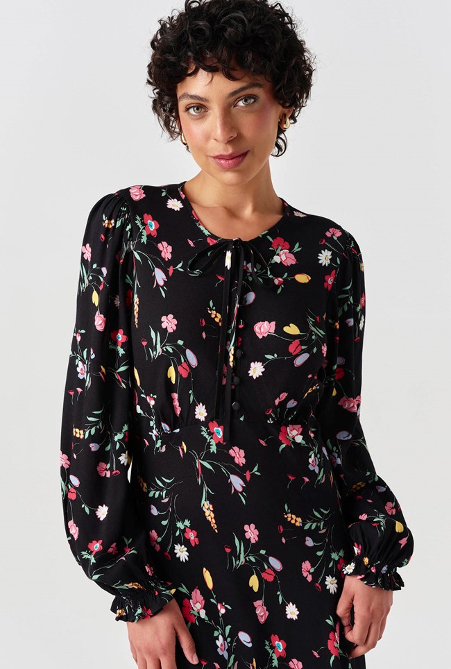 Stella Floral Crepe Round Neck Midi Dress