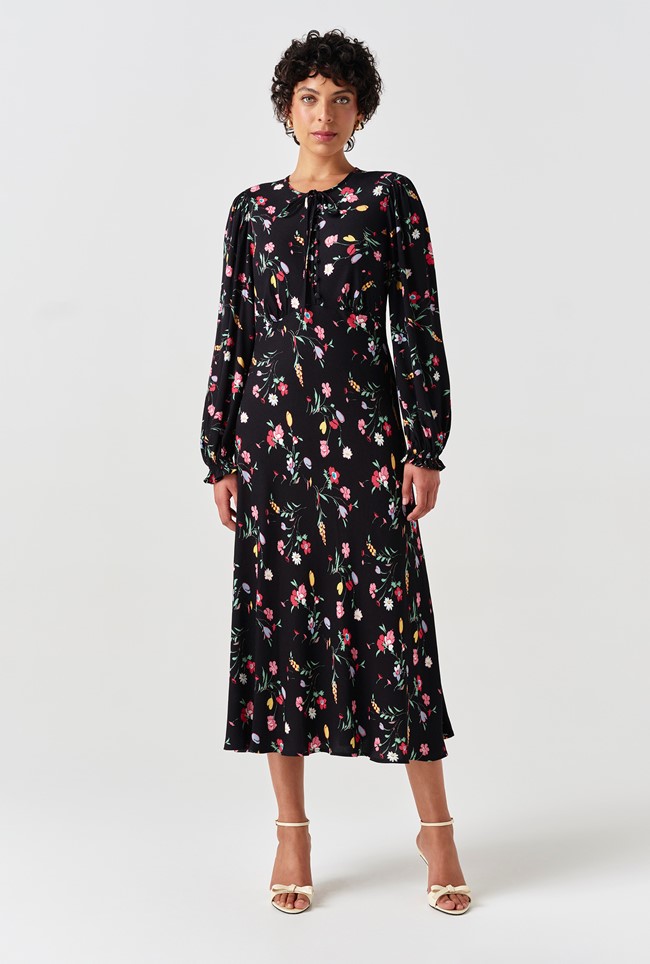 Stella Floral Crepe Round Neck Midi Dress