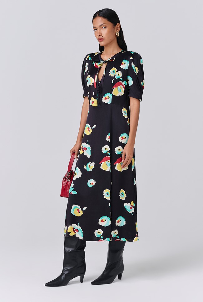 Savannah Floral Satin Midi Tea Dress