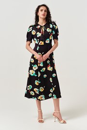Savannah Floral Satin Midi Tea Dress