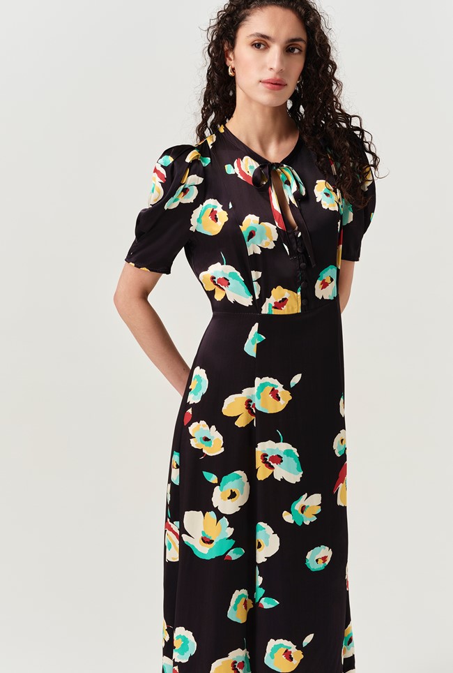 Savannah Floral Satin Midi Tea Dress