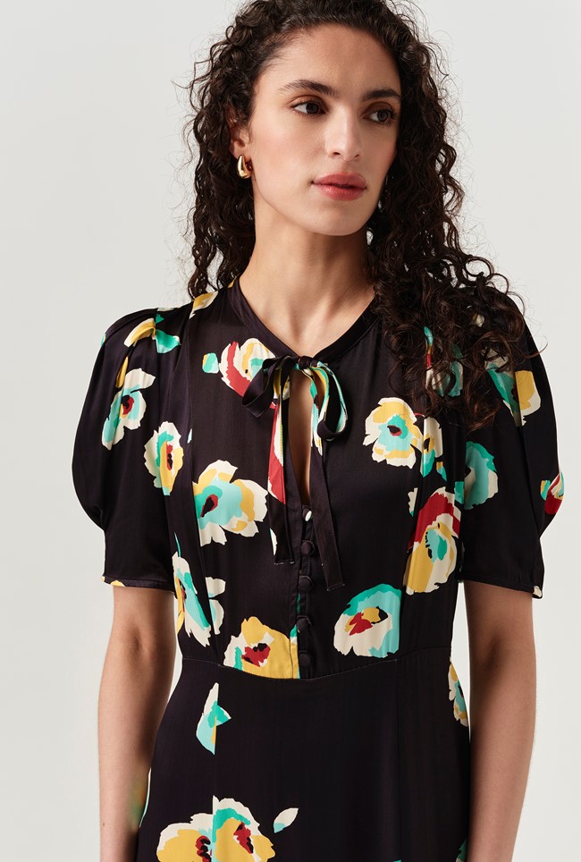 Savannah Floral Satin Midi Tea Dress