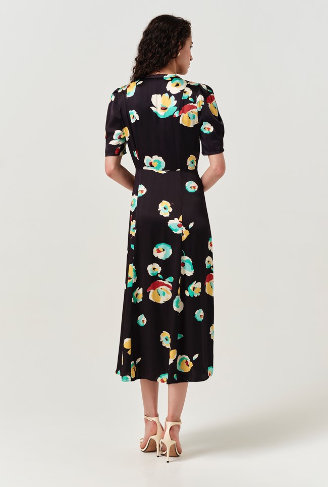 Savannah Floral Satin Midi Tea Dress