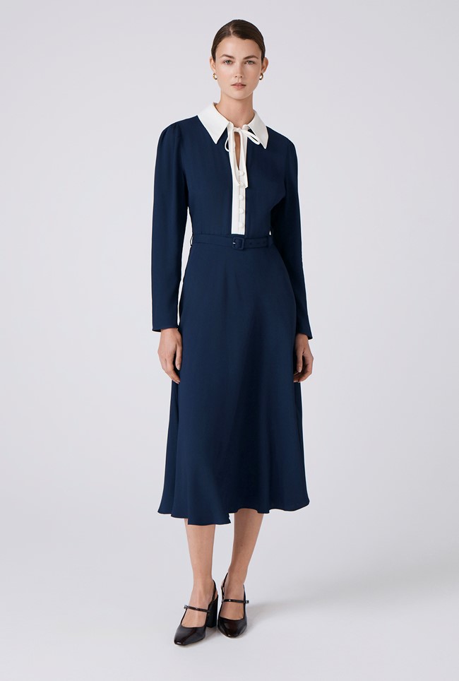 Lillian Crepe Collared Neck Midi Dress