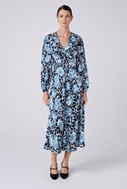 Noa Floral Crepe Frilled V Neck Midi Dress