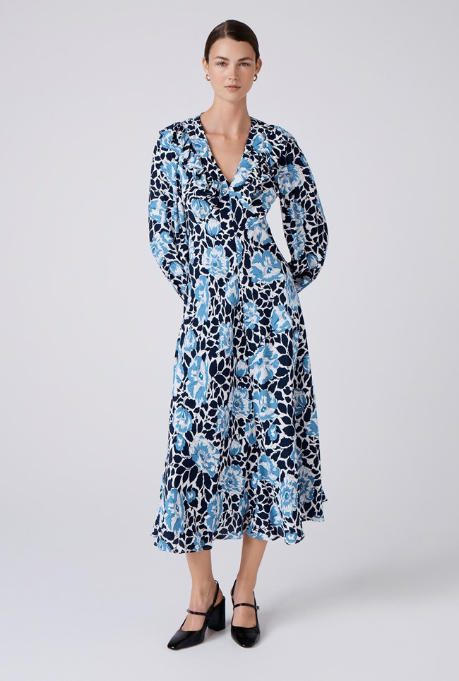 Noa Floral Crepe Frilled V Neck Midi Dress