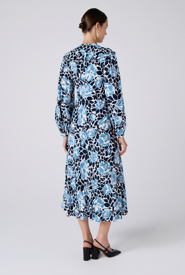 Noa Floral Crepe Frilled V Neck Midi Dress