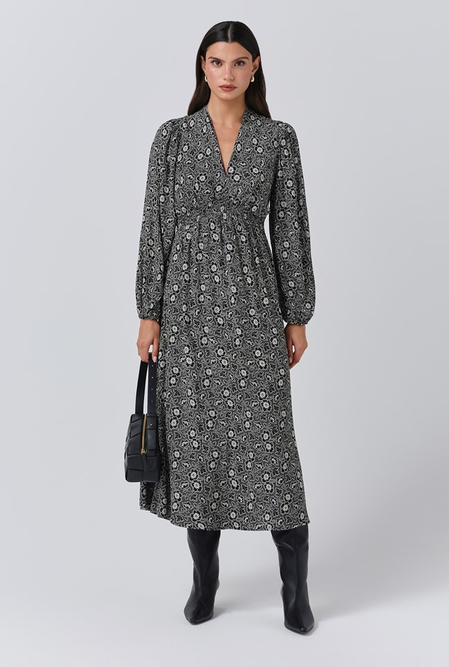 Petal Crepe V Neck Midi Waisted Dress