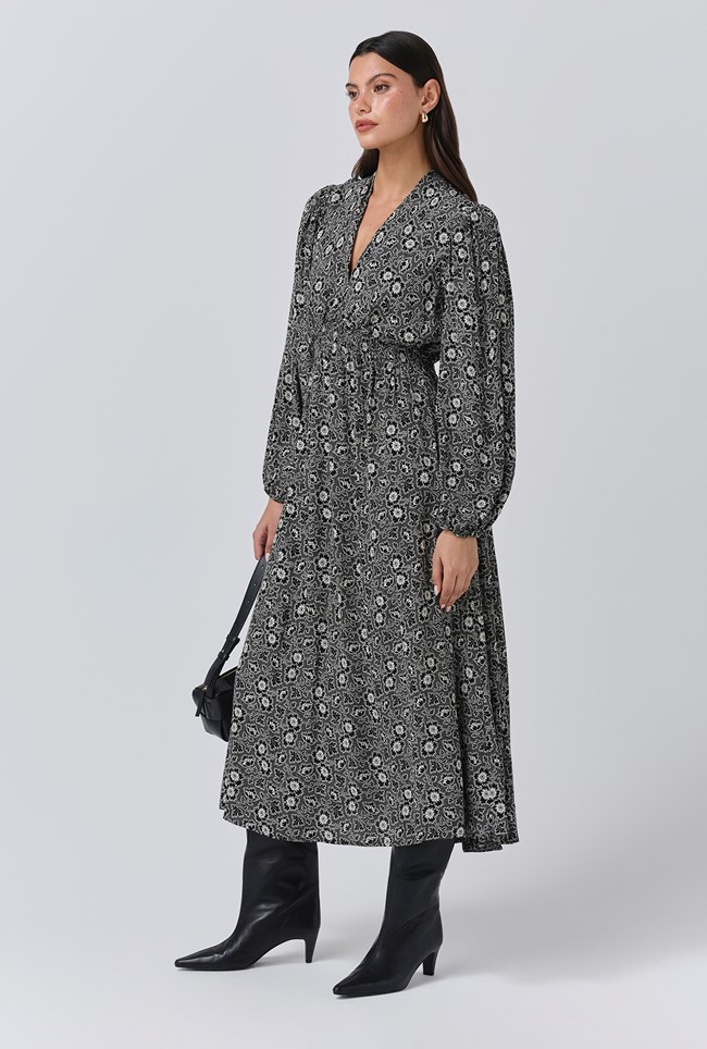 Petal Crepe V Neck Midi Waisted Dress