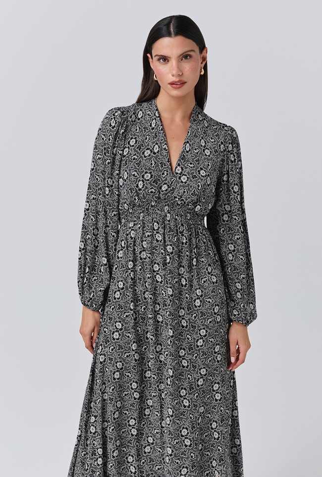 Petal Crepe V Neck Midi Waisted Dress