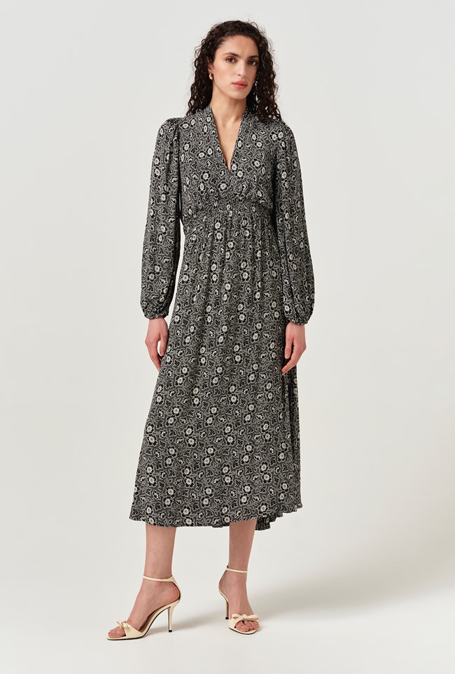 Petal Crepe V Neck Midi Waisted Dress