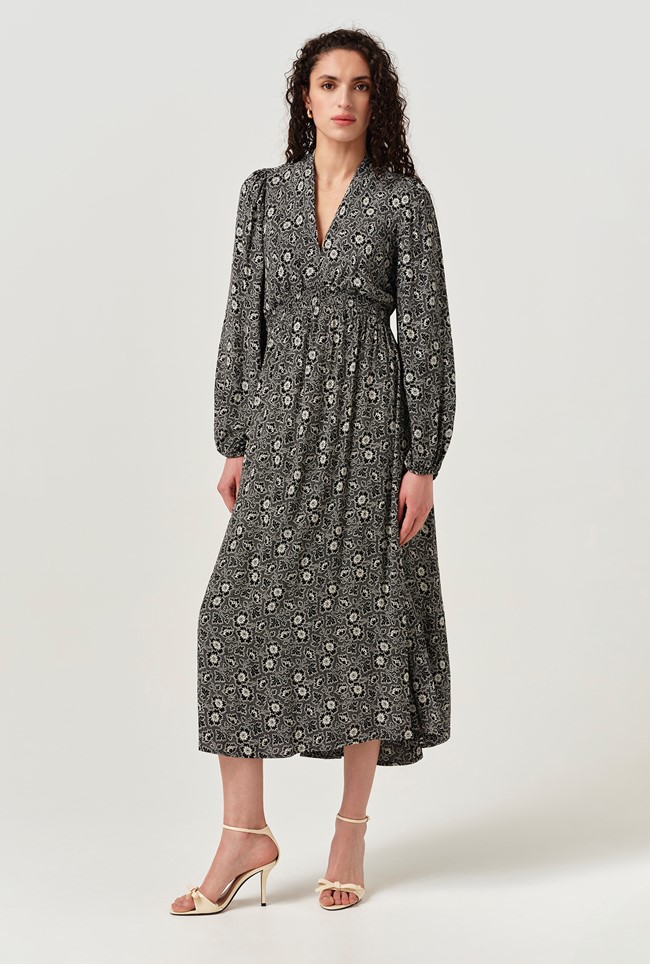 Petal Crepe V Neck Midi Waisted Dress