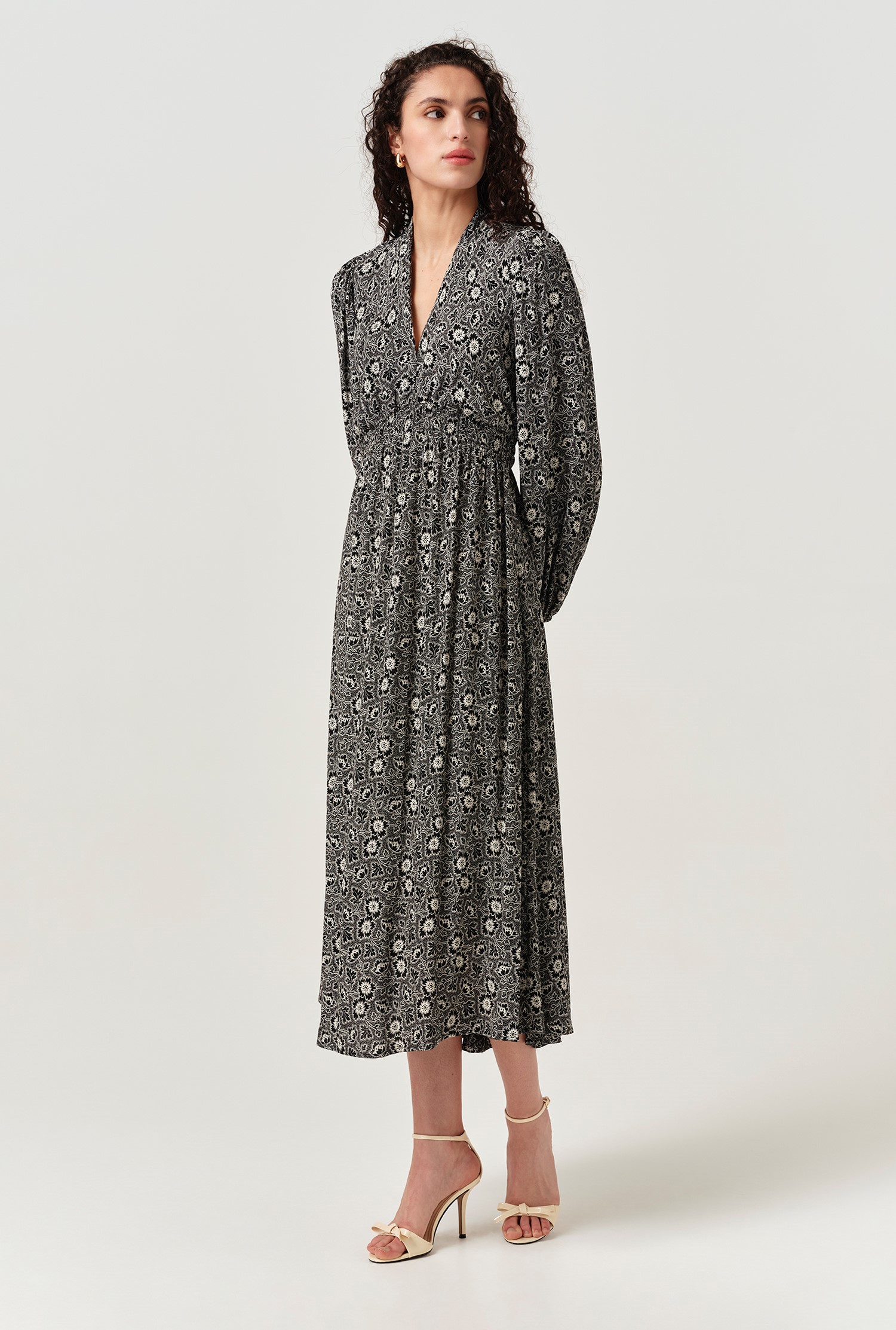 Petal Crepe V Neck Midi Waisted Dress | Ghost London