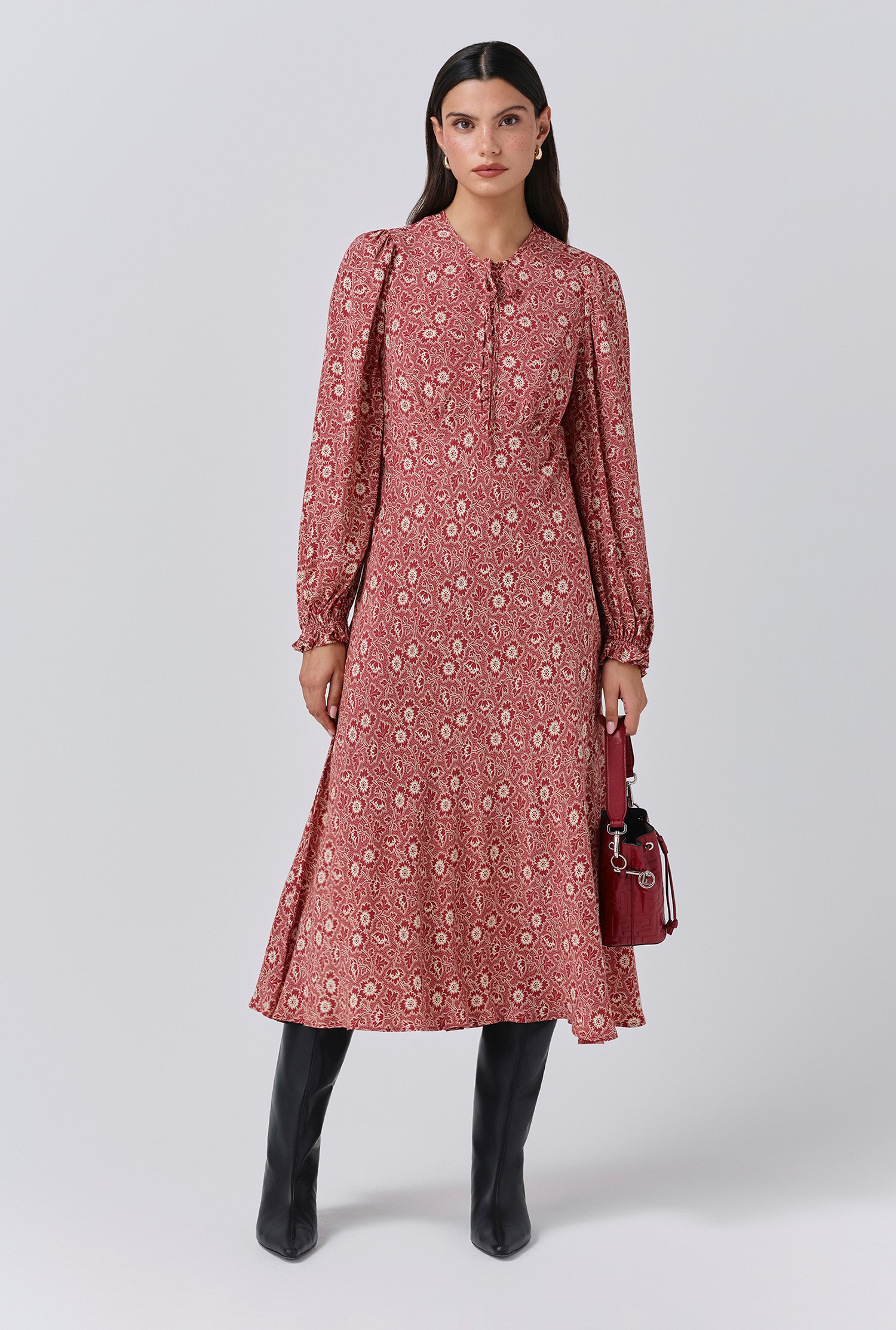 An image depicting Ghost Stella Floral Crepe Tie Front Midi Dress