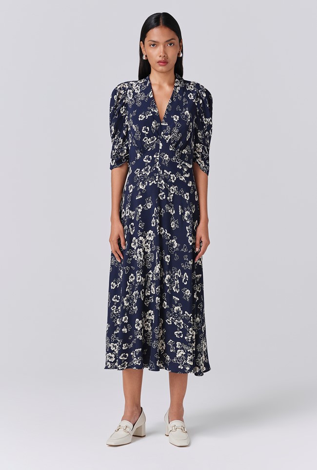 Mia Floral Crepe V Neck Midi Dress