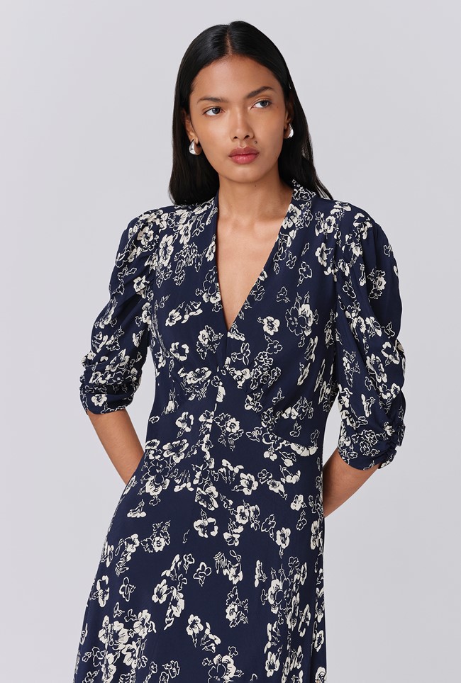 Mia Floral Crepe V Neck Midi Dress