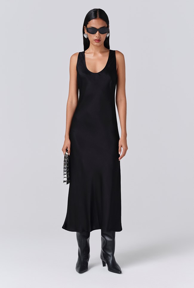Palm Satin Scoop Neck Midi Slip Dress