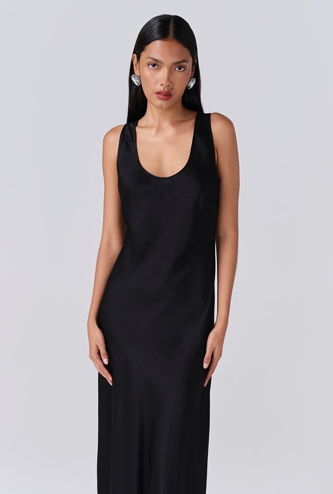 Palm Satin Scoop Neck Midi Slip Dress
