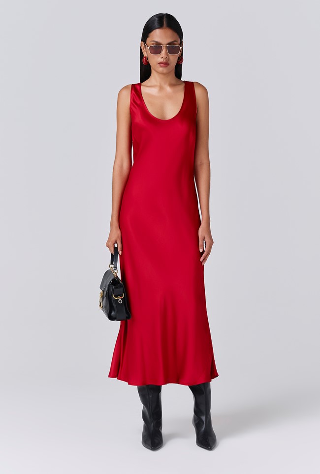 Palm Satin Scoop Neck Midi Slip Dress