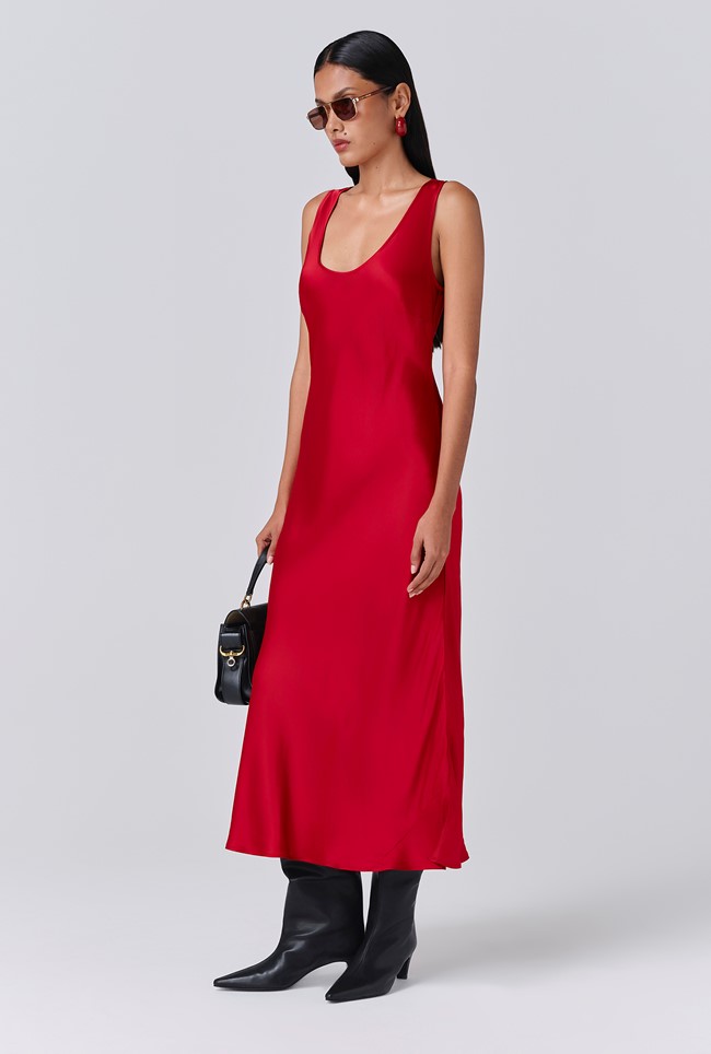 Palm Satin Scoop Neck Midi Slip Dress