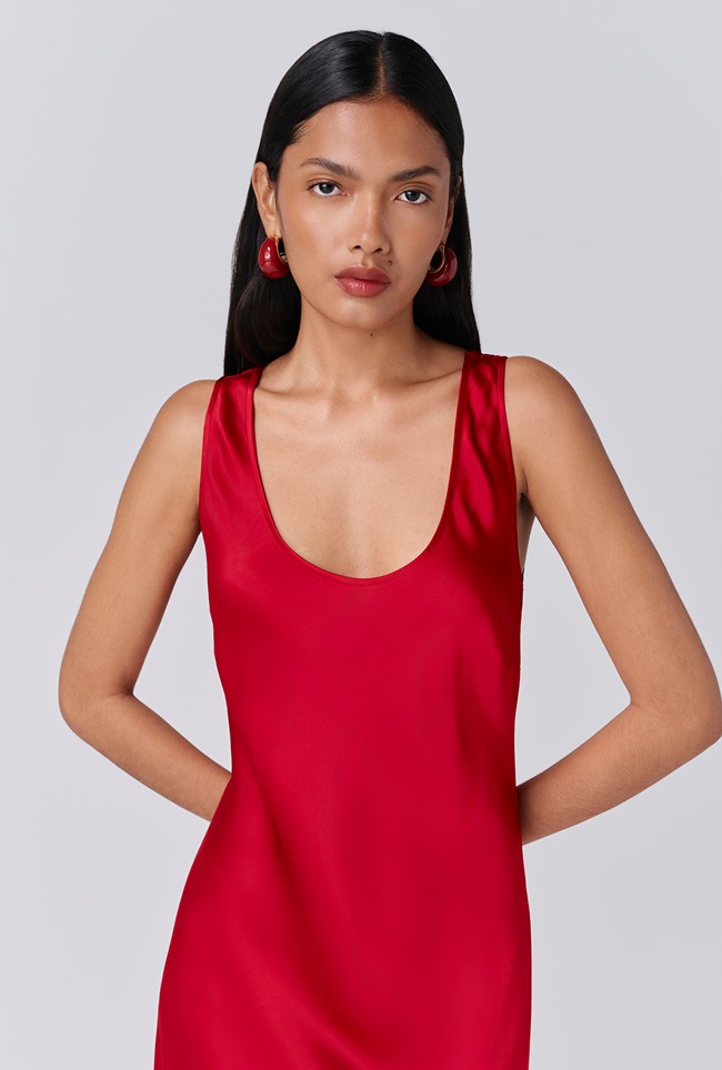 Palm Satin Scoop Neck Midi Slip Dress