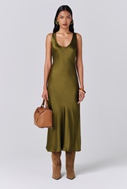 Palm Satin Scoop Neck Midi Slip Dress