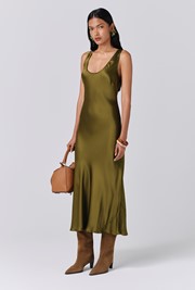 Palm Satin Scoop Neck Midi Slip Dress